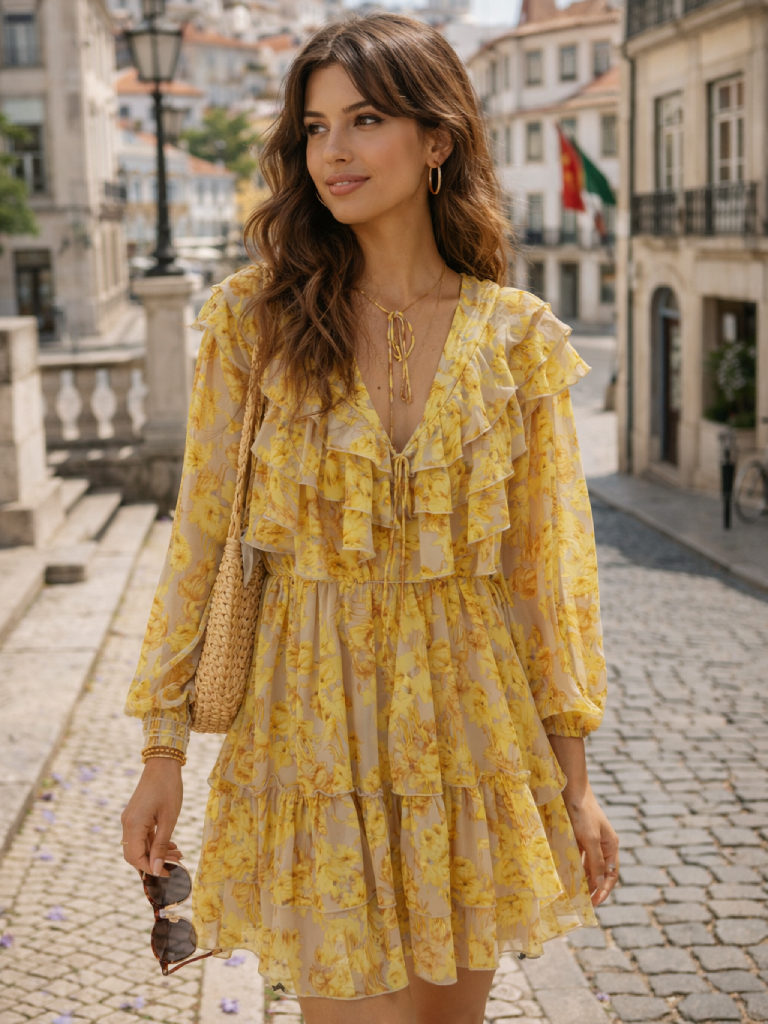 VESTIDO FOLHOS AMARELO VESTIDO FOLHOS AMARELO