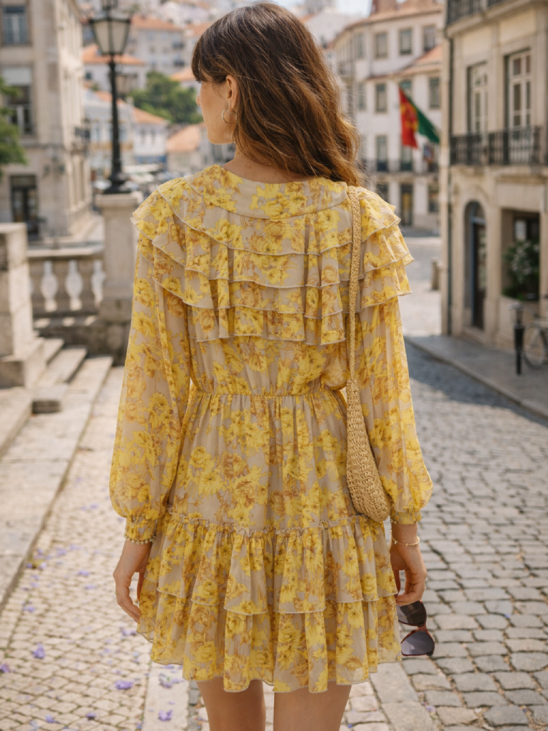 VESTIDO FOLHOS AMARELO VESTIDO FOLHOS AMARELO